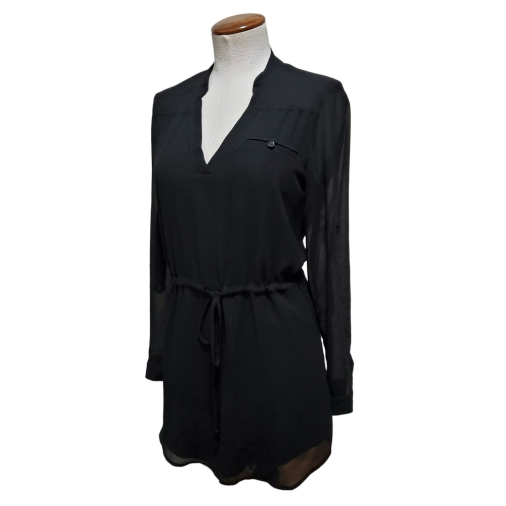 Varga V-Neck Drawstring Waist Dress Semi-Sheer Long Sleeves Black S
